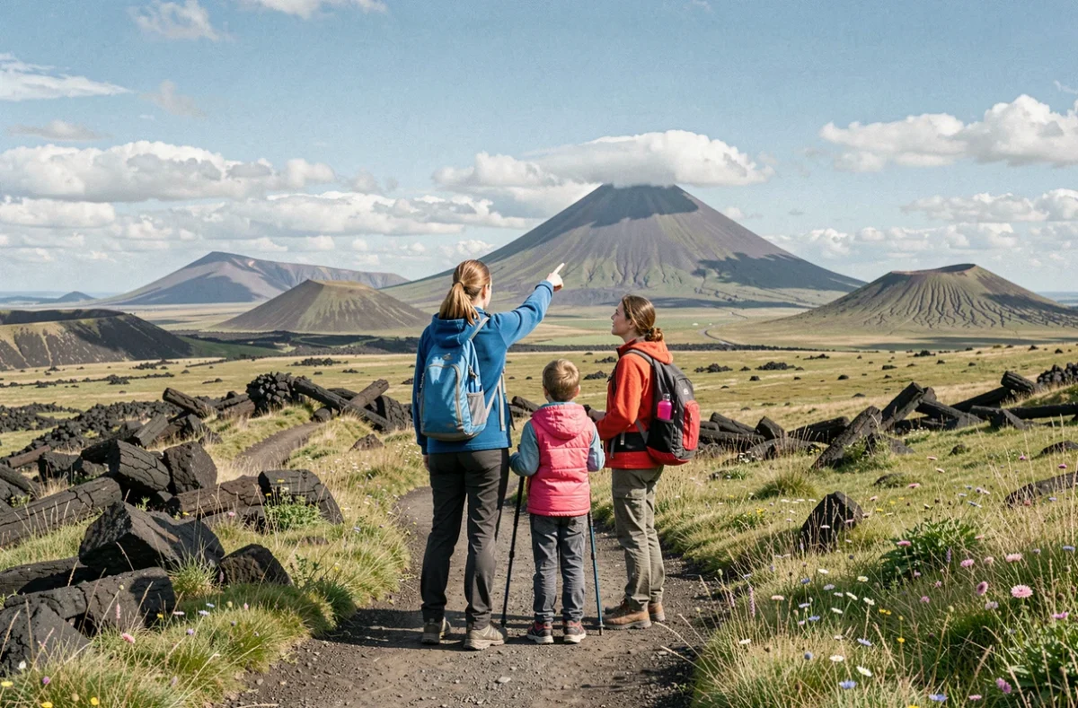 Mère et enfants en randonnée sur les sentiers volcaniques du Parc naturel régional des Volcans d'Auvergne avec le Puy de Dôme en arrière-plan