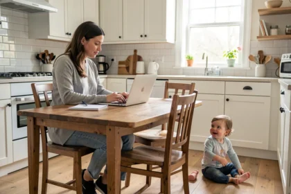 Parent devant un ordinateur à la table de la cuisine, enfant jouant à côté
