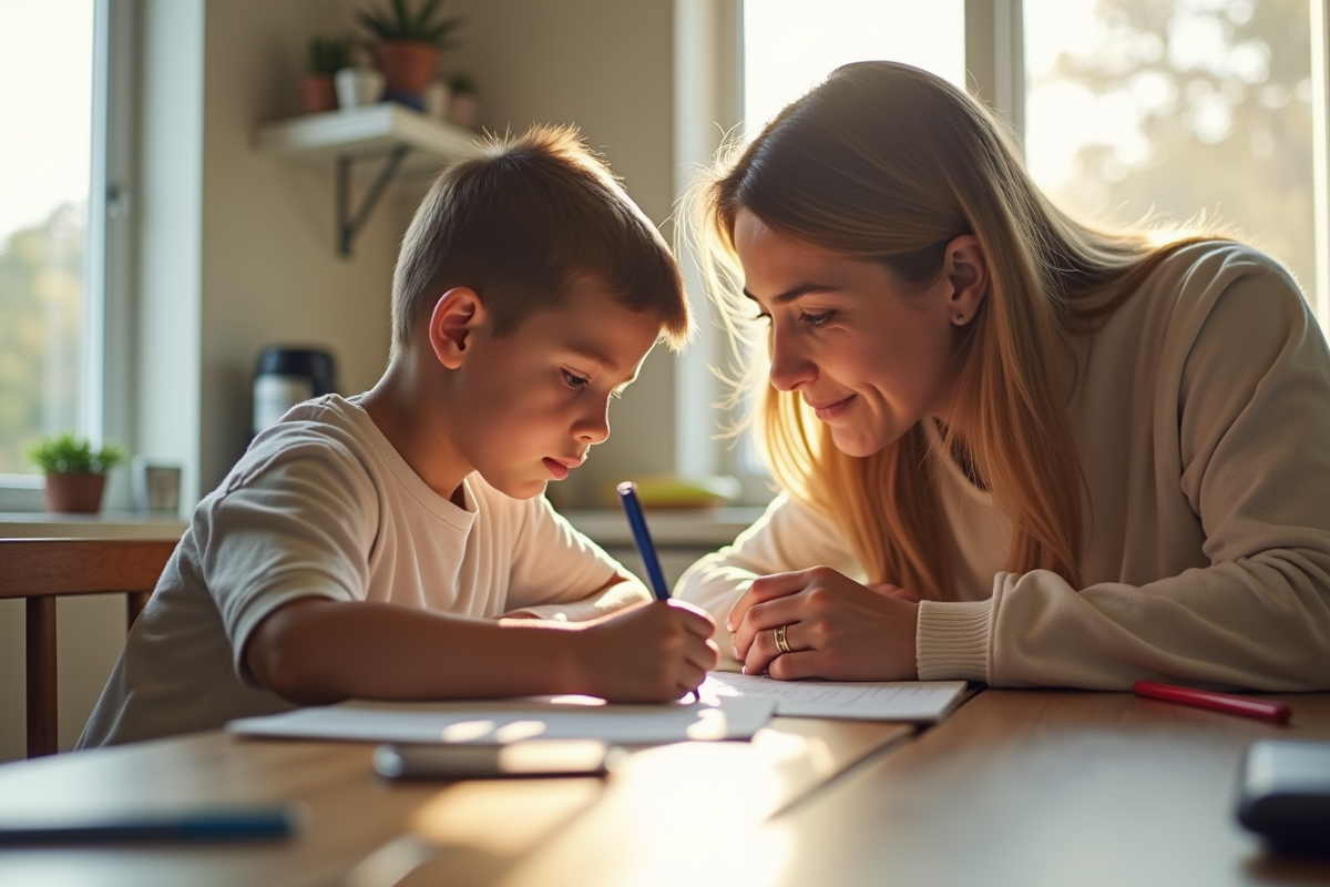 Parent guidant son enfant lors des devoirs à la maison