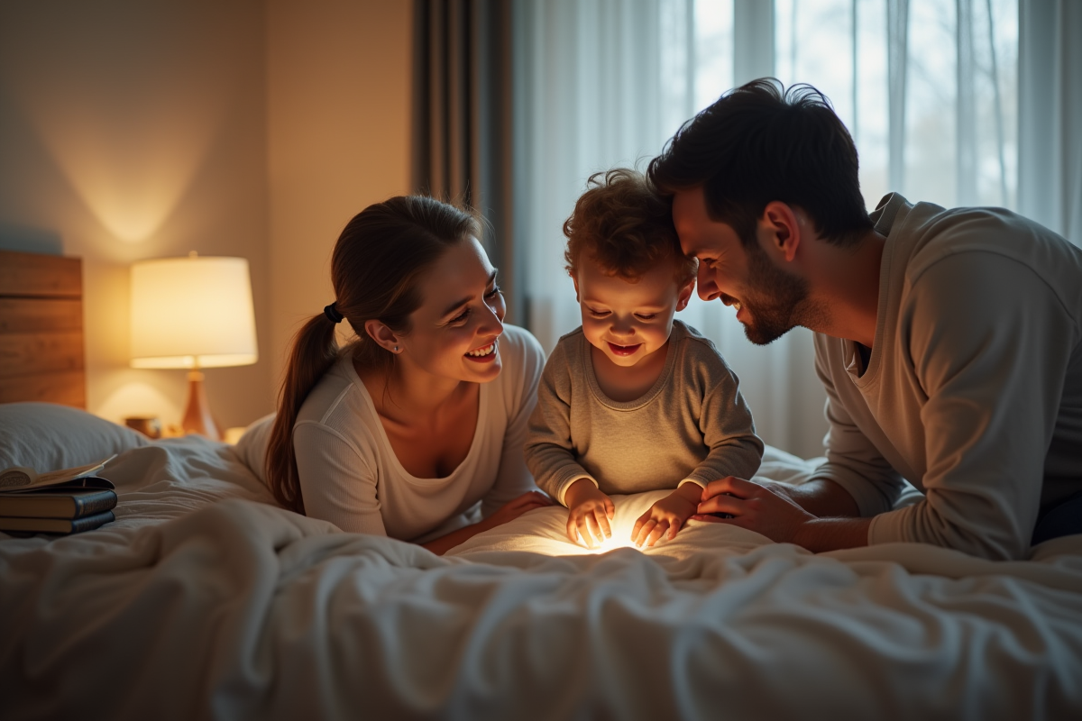 Parents berçant leur enfant dans un lit de bébé apaisant