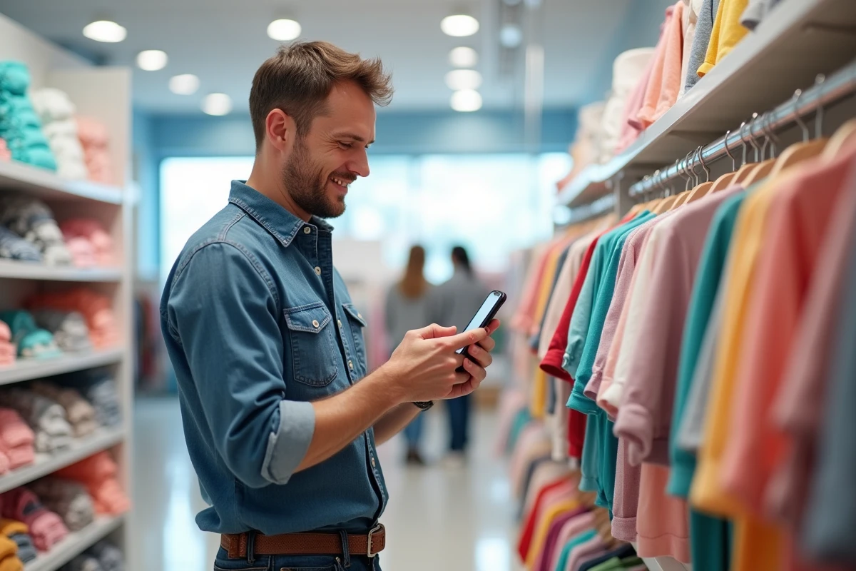 Père consultant son compte Orchestra en magasin pour gérer ses achats de vêtements enfants