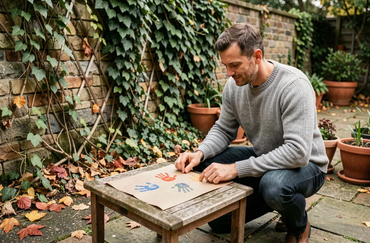 Père ému contemplant des empreintes de mains d'enfant sur du papier kraft dans un jardin automnal
