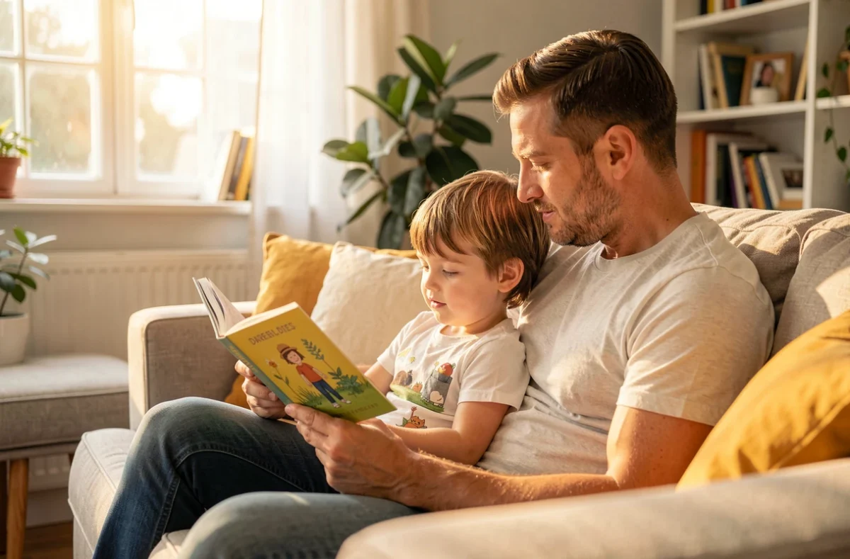 Père et jeune enfant lisant un livre illustré sur un canapé