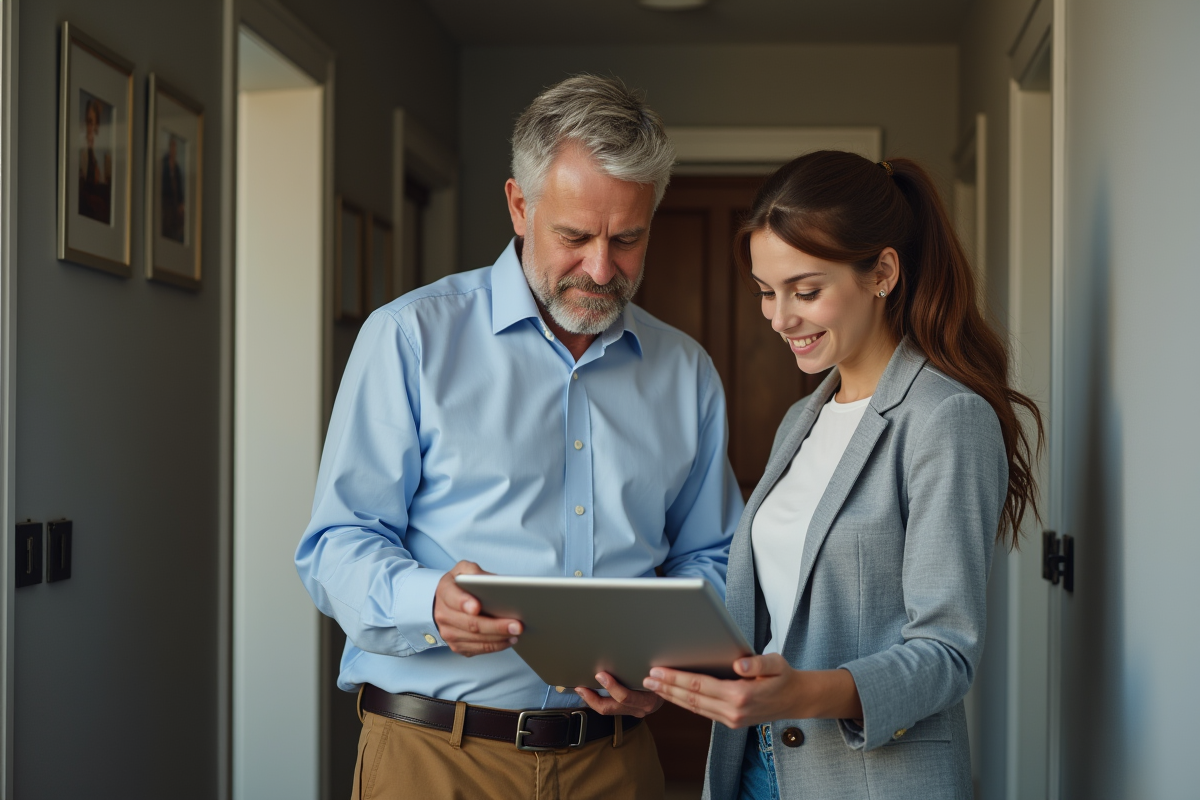 Père et fille examinent des documents dans le hall