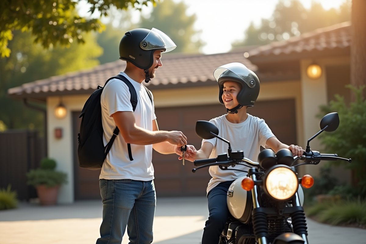 Pere et fils souriants avec une moto en journée ensoleillee