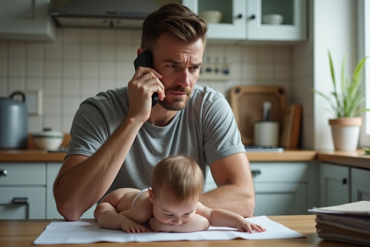 Père isolé avec son jeune enfant cherchant de l'aide par téléphone depuis sa cuisine