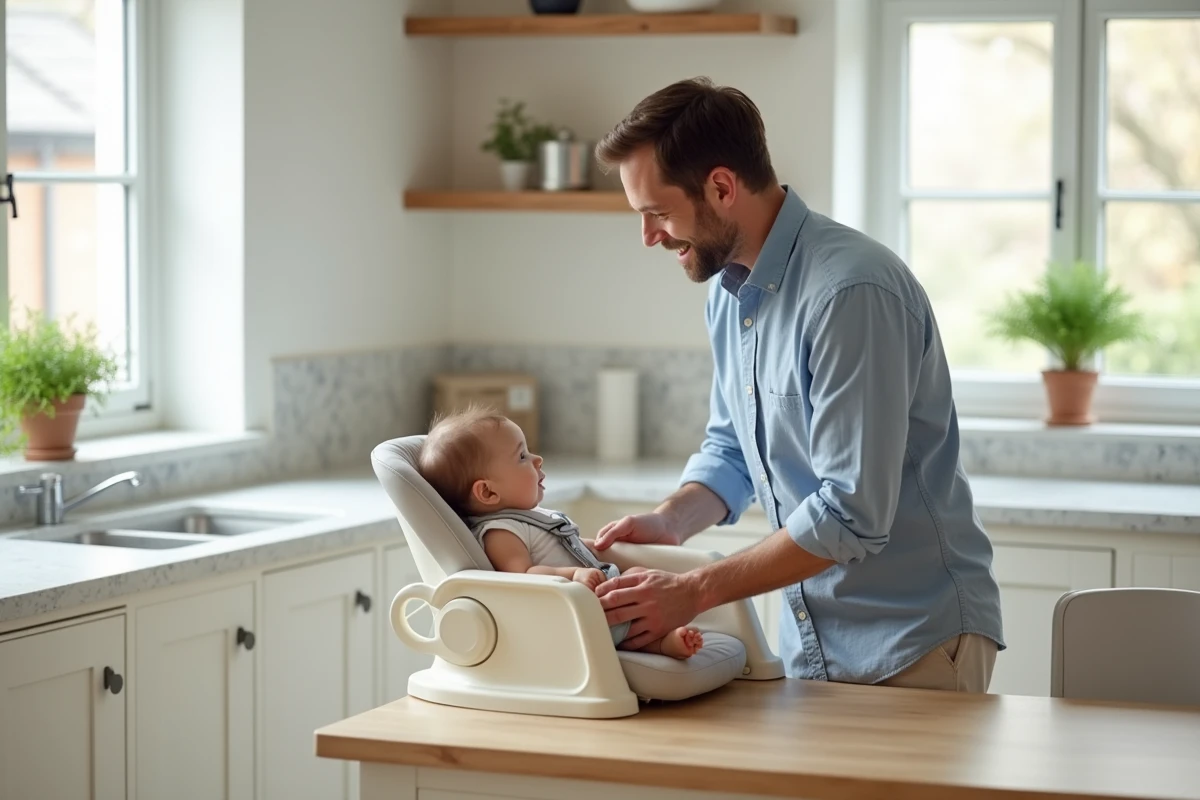 Père réglant le transat multifonction Polly Magic Relax Chicco dans une cuisine moderne