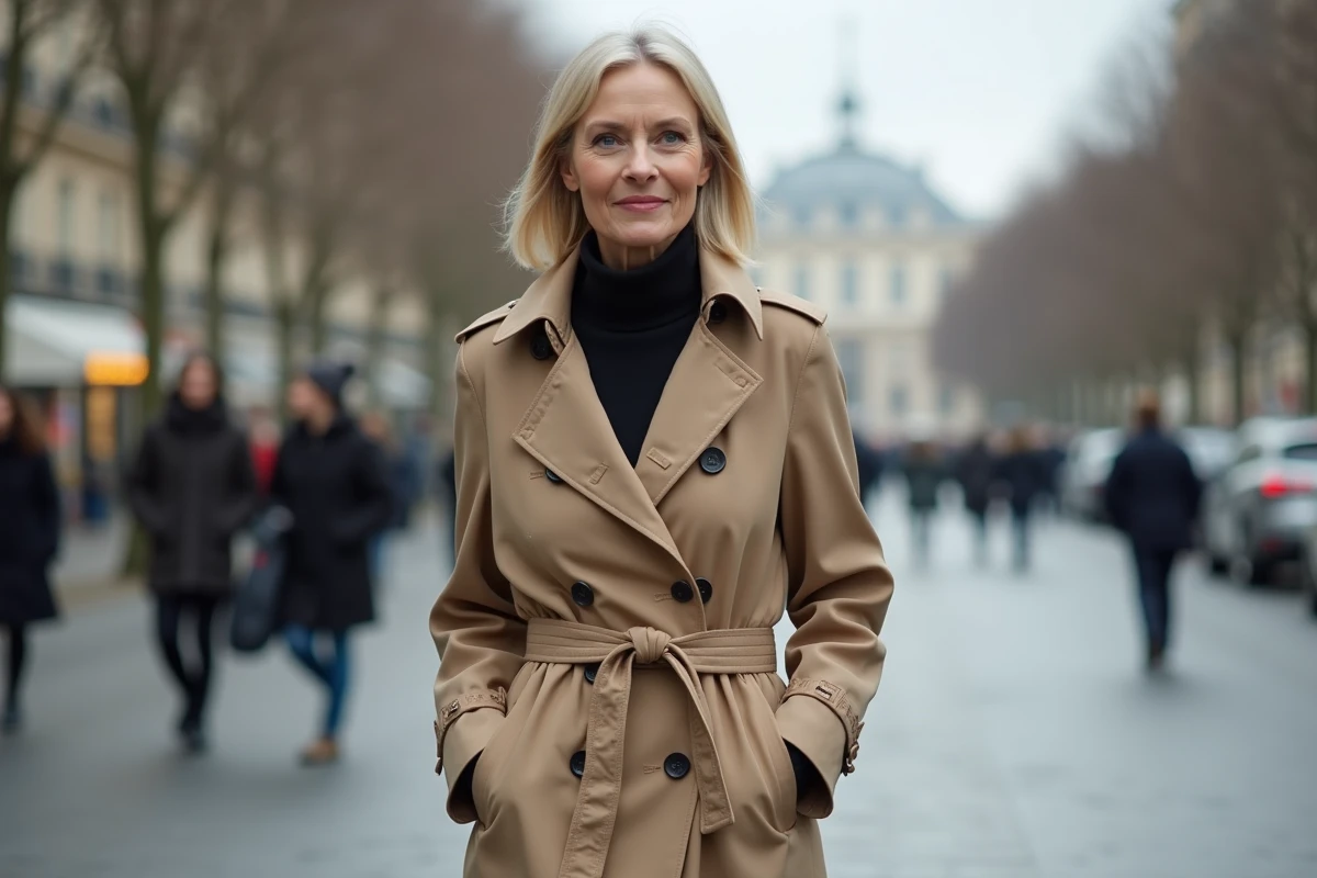 Femme déterminée en trench coat beige marchant sur un boulevard parisien, style photojournalisme éditorial évoquant une personnalité publique en 2026