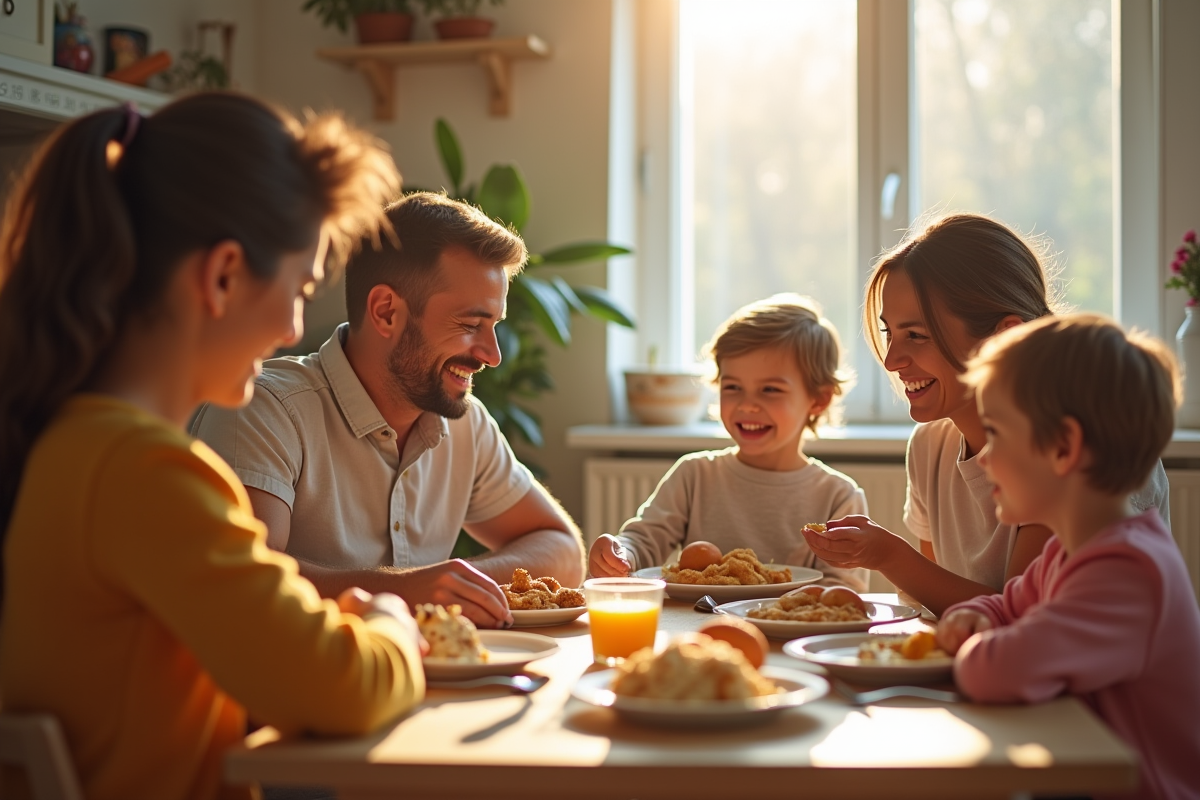 Famille heureuse autour d'un petit déjeuner en matinée