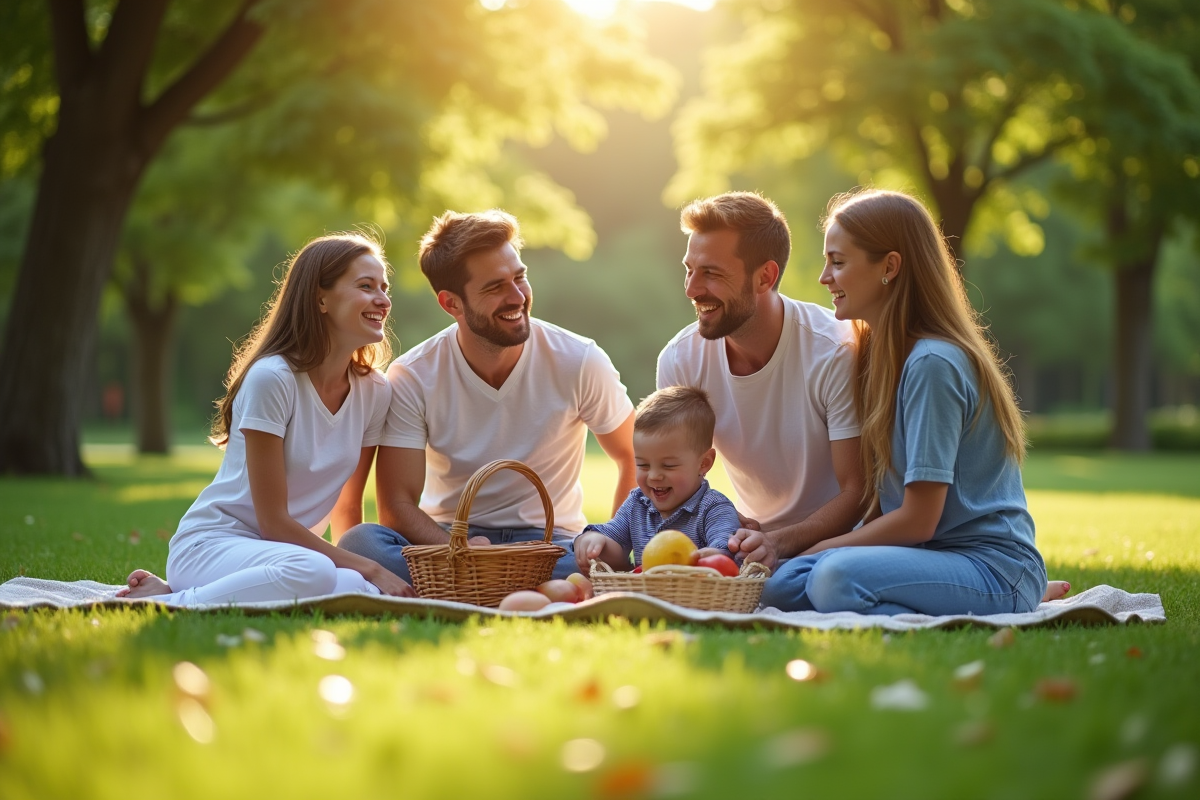 Famille faisant un pique-nique dans un parc ensoleille