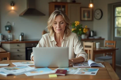 Mère de famille planifiant un voyage en famille sur son ordinateur portable avec des brochures et un porte-passeport sur la table