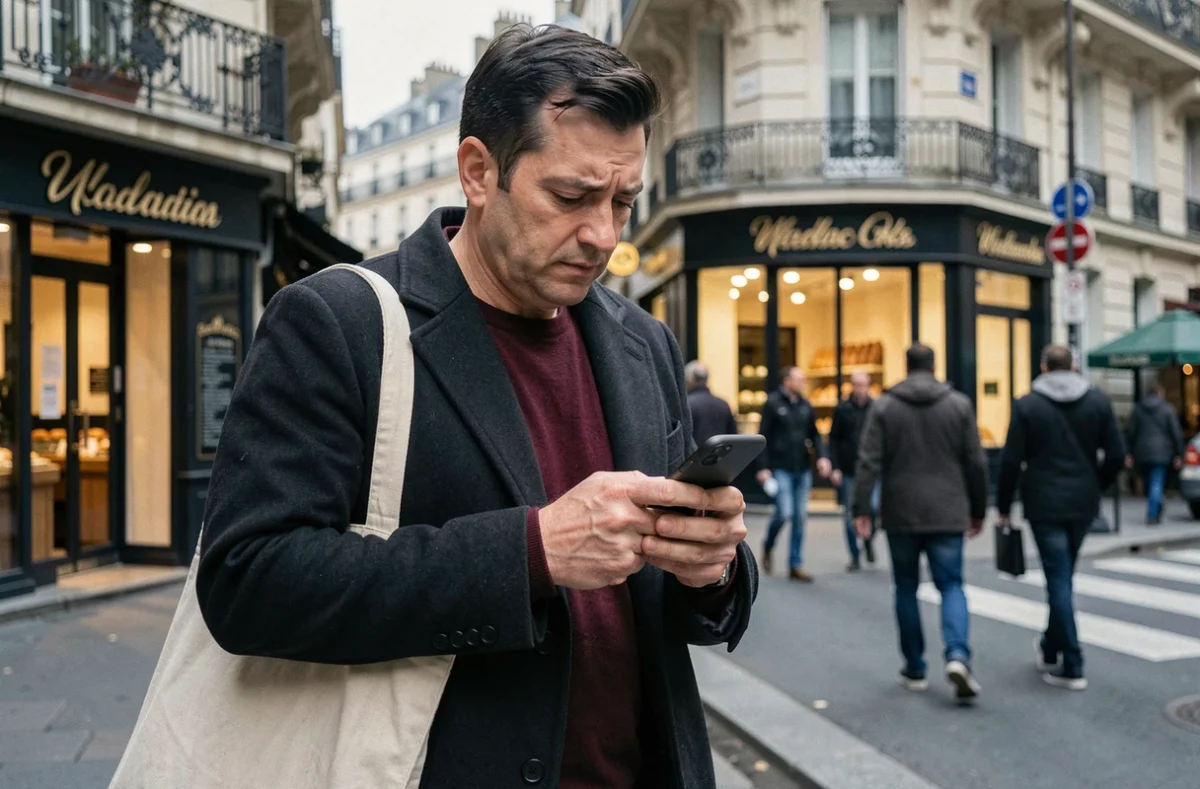Homme politique marchant dans une rue parisienne en consultant son téléphone, représentant les déplacements incessants et la tension entre engagements publics et temps personnel