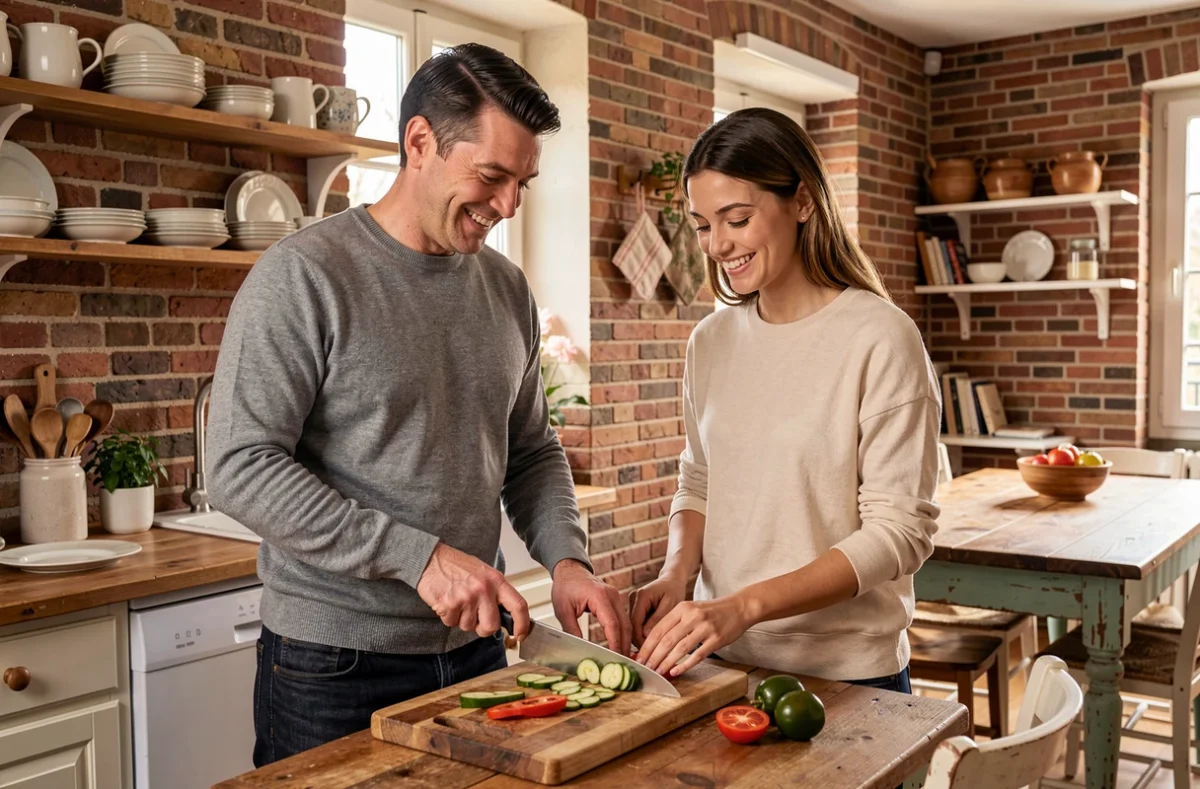 Politicien en tenue décontractée préparant un repas dans une cuisine familiale, symbolisant la vie de famille au quotidien malgré les responsabilités publiques