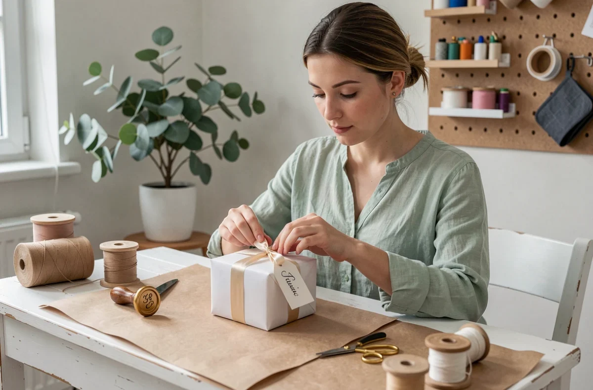 Jeune femme préparant un cadeau de baptême personnalisé avec un tampon à initiales, du ruban satiné et une étiquette calligraphiée à la main dans un bureau chaleureux