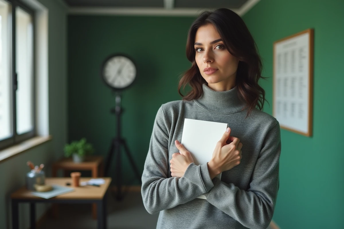 Présentatrice de télévision dans les coulisses d'un studio protégeant ses notes personnelles