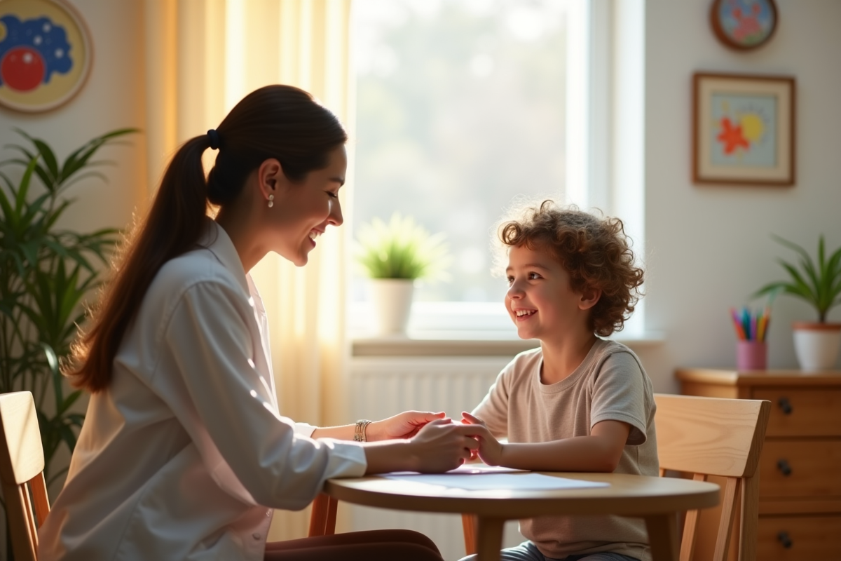 Psychologue pour enfants discutant avec un jeune dans une salle lumineuse