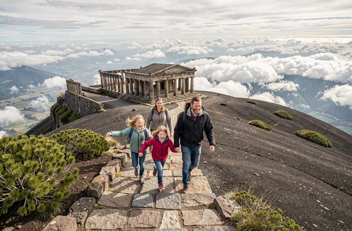 Famille arrivant au sommet du Puy de Dôme depuis le Panoramique des Dômes avec vue sur la Chaîne des Puys