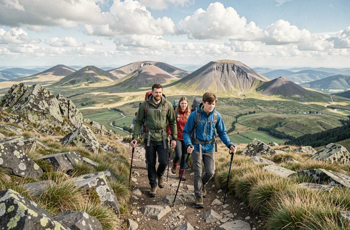 Famille en randonnée sur les sentiers rocheux du Puy de Sancy au sommet du Massif central