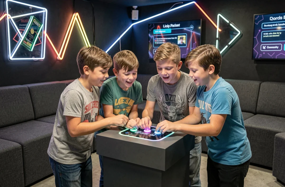 Enfants jouant au quiz room avec des buzzers lors d'un anniversaire au Quiz Room Nice