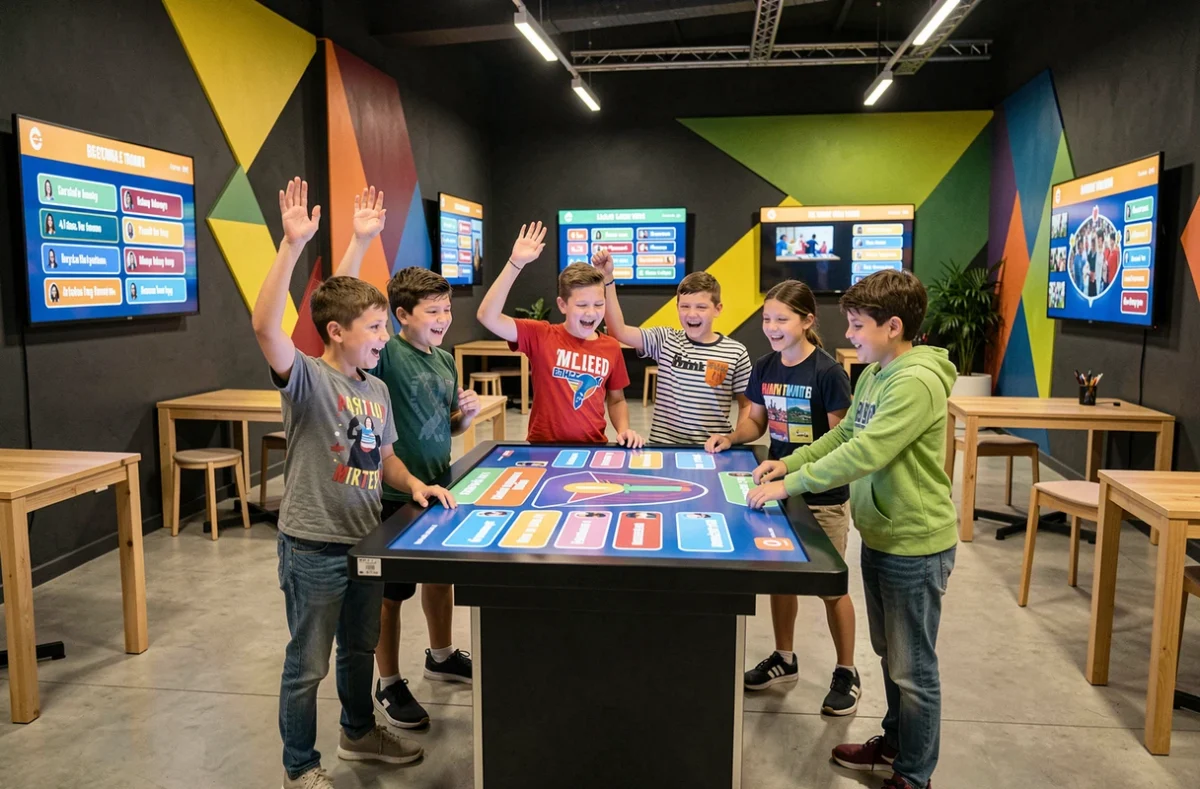 Groupe d'enfants participant à une session de quiz en équipe au Quiz Room Toulon pour un anniversaire