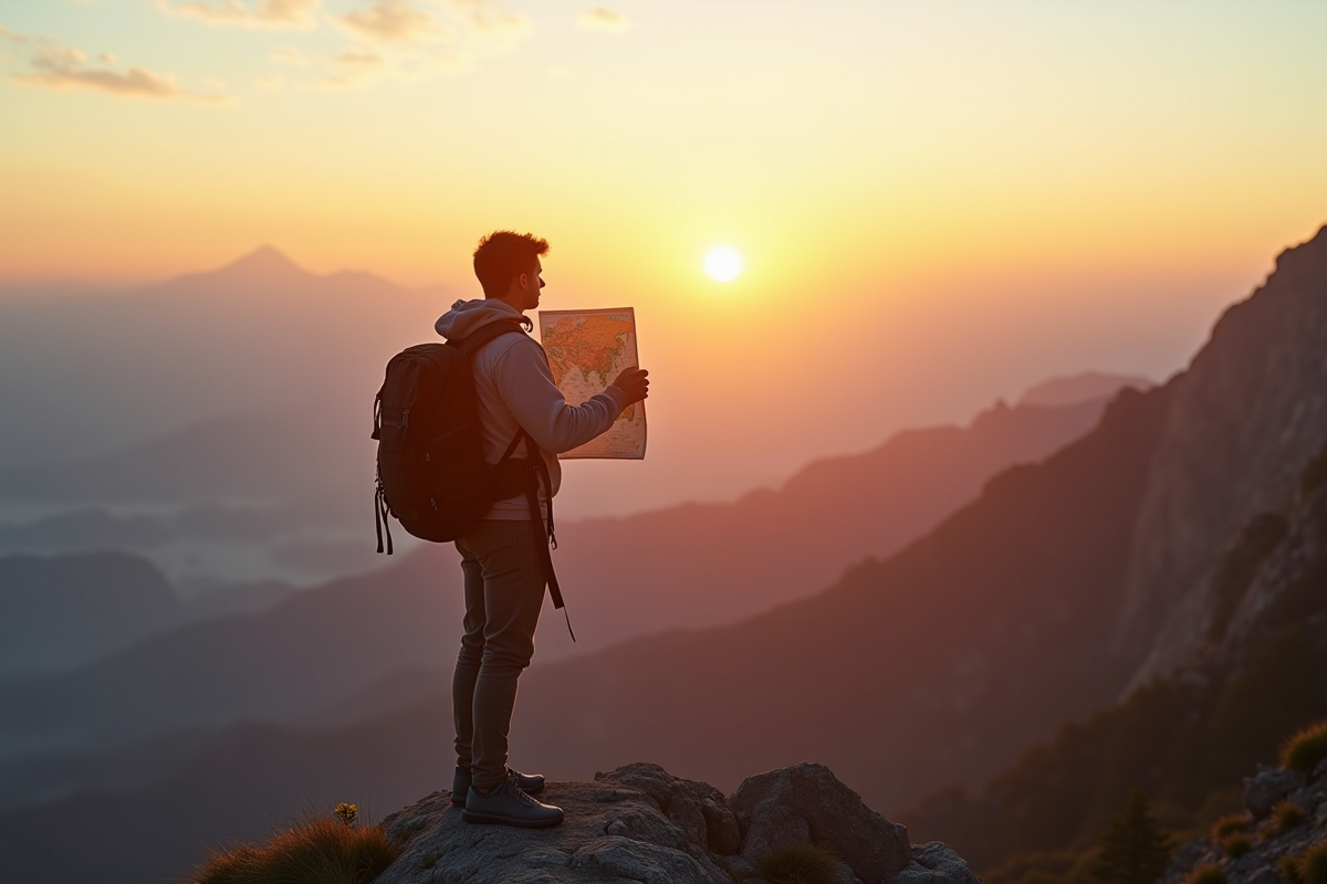 Jeune voyageur au sommet d'une montagne au lever du soleil avec une carte