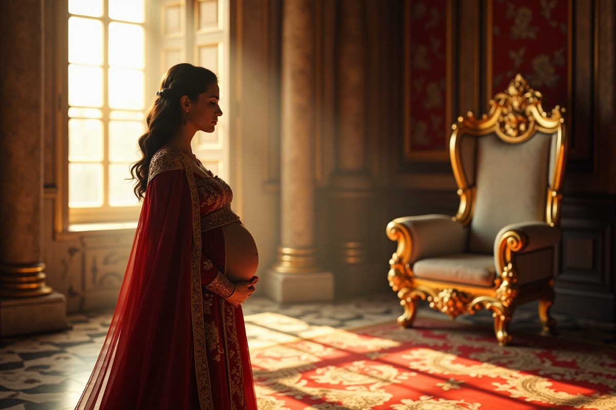 Reine enceinte élégante près d'une fenêtre de palais
