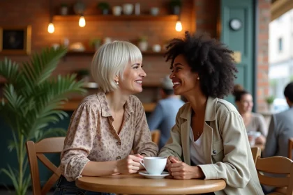 Deux femmes complices partageant un moment chaleureux dans un café parisien, illustrant une relation mère-fille artistique