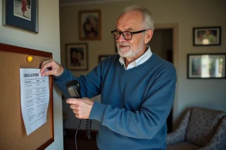 Homme retraité fixant un mémo SNCF sur un tableau