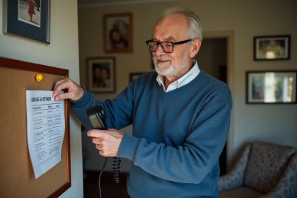 Homme retrait&eacute; fixant un m&eacute;mo SNCF sur un tableau