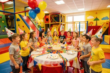 Salle d'anniversaire pour enfants en Bretagne avec décoration festive, ballons colorés et gâteau d'anniversaire