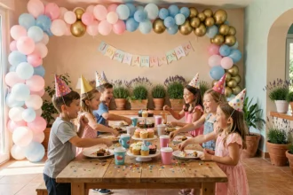 Groupe d'enfants fêtant un anniversaire dans une salle de fête colorée en Provence-Alpes-Côte d'Azur