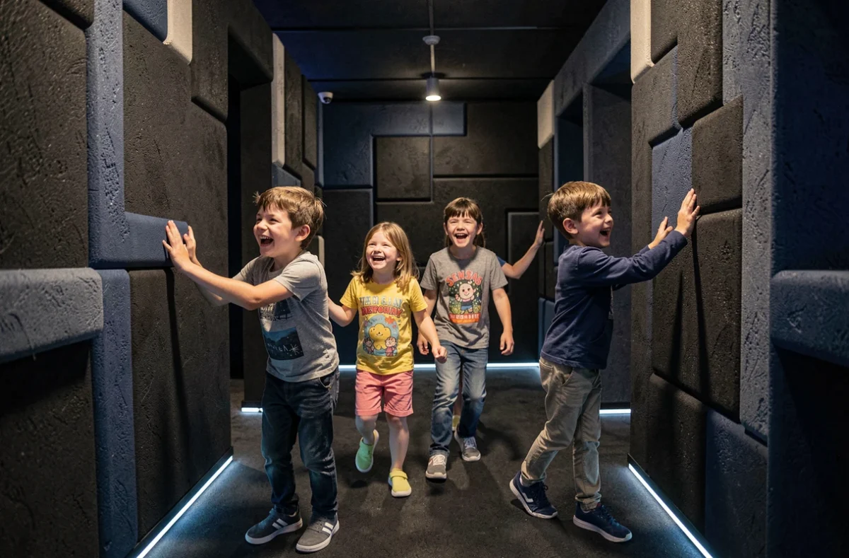 Groupe d'enfants explorant le labyrinthe sensoriel de SENSAS Marseille pour un anniversaire