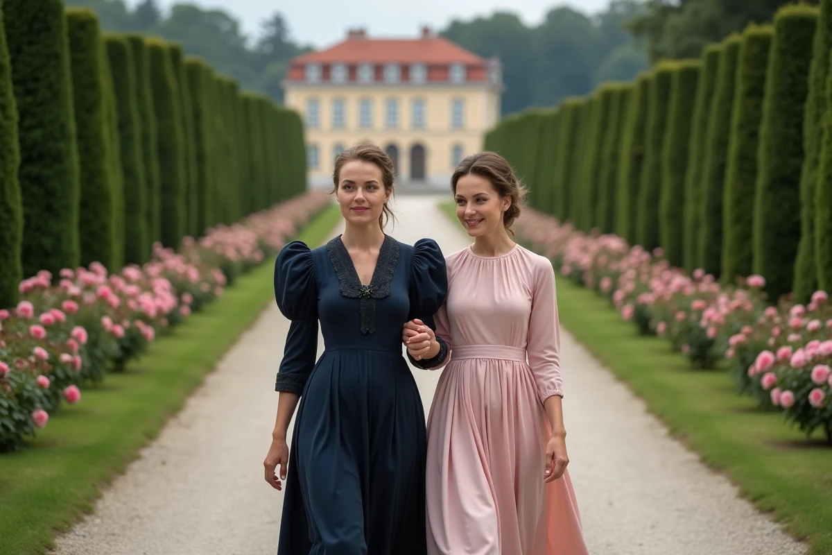 Deux femmes en costume historique austro-hongrois du XIXe siècle se promenant dans les jardins du palais de Schönbrunn, symbolisant la complicité unique entre l'impératrice Sissi et sa fille préférée Marie Valérie
