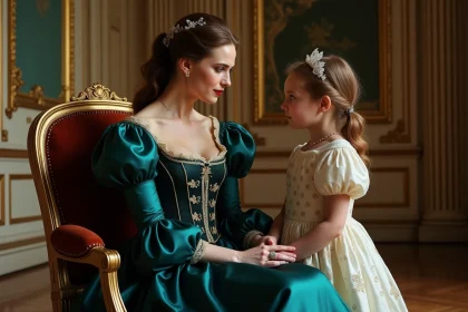 Portrait d'une aristocrate du XIXe siècle en robe de soie avec sa jeune fille dans un salon impérial austro-hongrois, évoquant la relation privilégiée de Sissi avec Marie Valérie