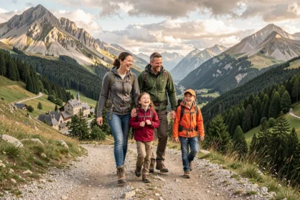 Famille en randonnée dans un paysage montagneux d'Auvergne-Rhône-Alpes avec volcans et forêts en arrière-plan