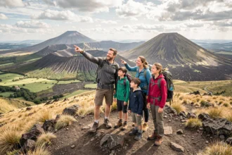 Famille en sortie dans le Puy-de-Dôme face à un panorama de volcans auvergnats