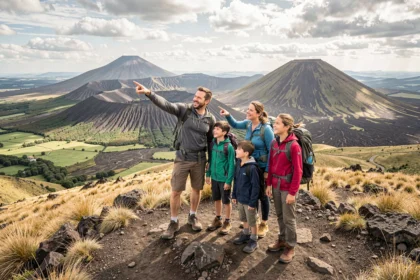 Famille en sortie dans le Puy-de-Dôme face à un panorama de volcans auvergnats