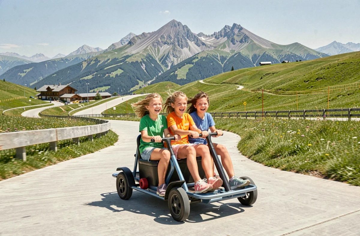 Famille en luge d'été sur les pistes vertes de la station de Super-Besse en été