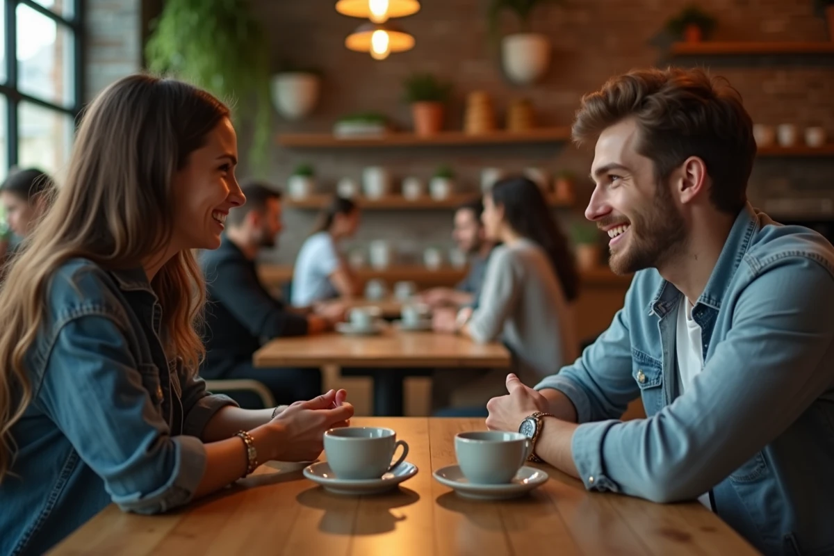 Frère et sœur adultes dans un café montrant leurs tatouages constellation assortis sur le dos des mains posées sur une table en bois