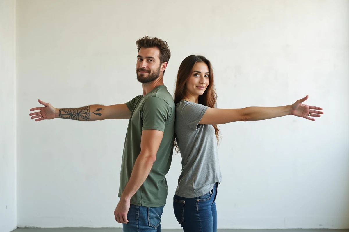 Frère et sœur adultes dos à dos en studio montrant leurs tatouages géométriques assortis sur les avant-bras
