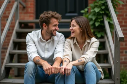 Frère et sœur adultes montrant leurs tatouages assortis sur les poignets, assis sur des marches en bois devant un immeuble urbain