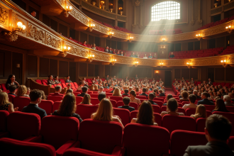 Intérieur d'un théâtre classique avec balconoré orné et spectateurs élégants