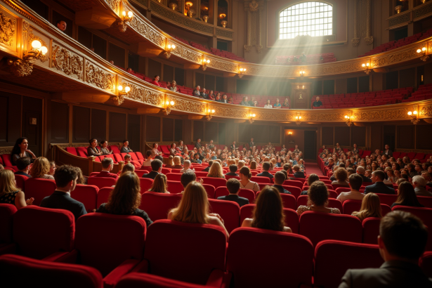 Intérieur d'un théâtre classique avec balconoré orné et spectateurs élégants
