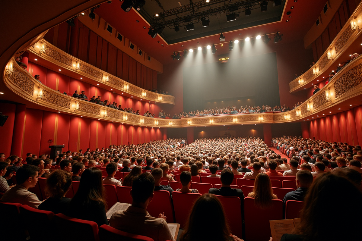 Théâtre moderne vu de la scène avec public dans la corbeille et détails architecturaux