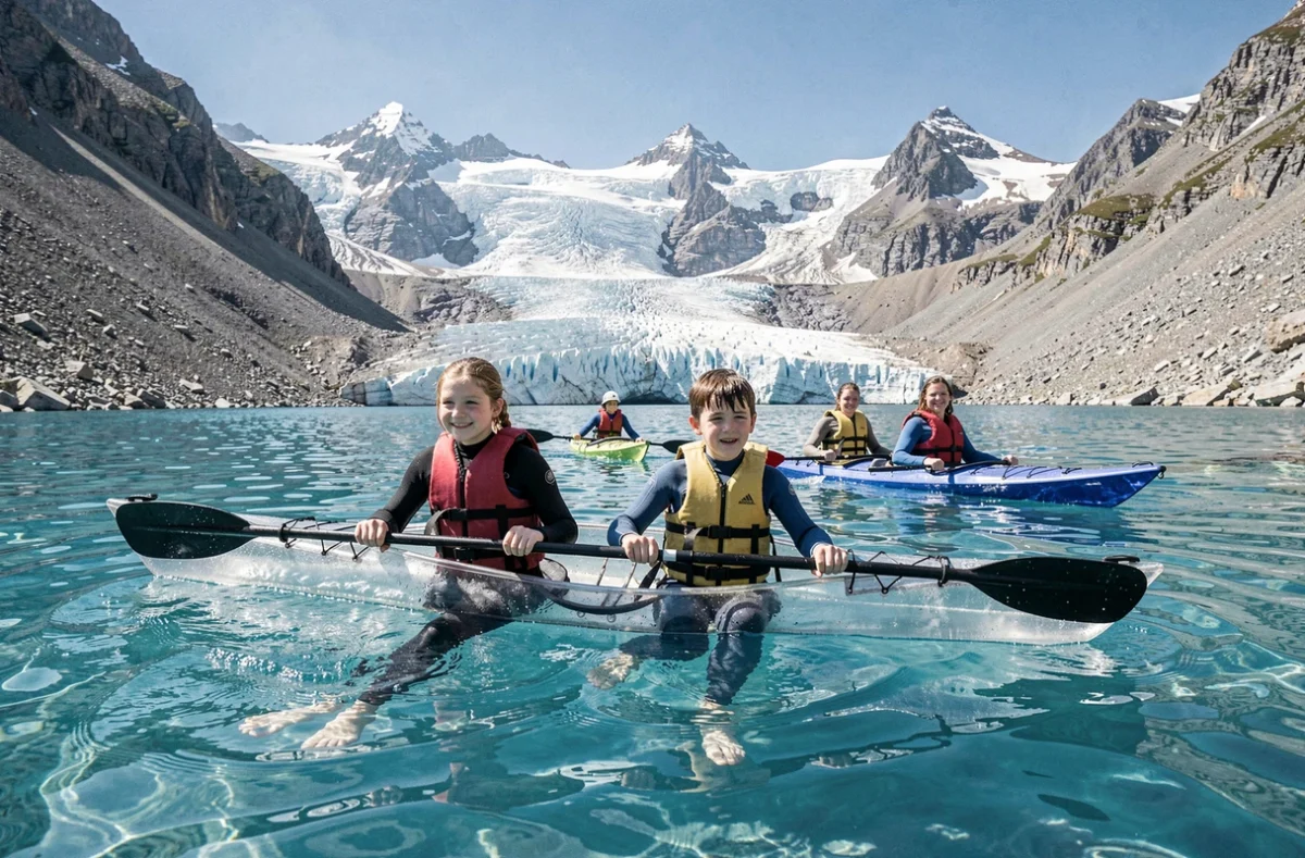Famille en kayak sur le lac d'altitude de Tignes avec le glacier de la Grande Motte en arrière-plan