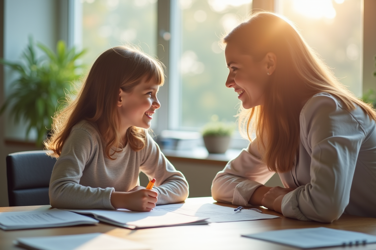 Travailleur social parlant avec un enfant dans un bureau lumineux