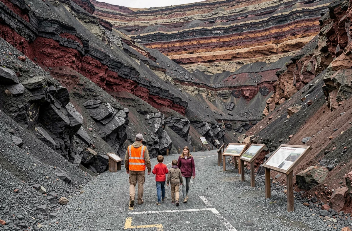 Guide géologue accompagnant une famille dans les coupes volcaniques du site de Lemptégy