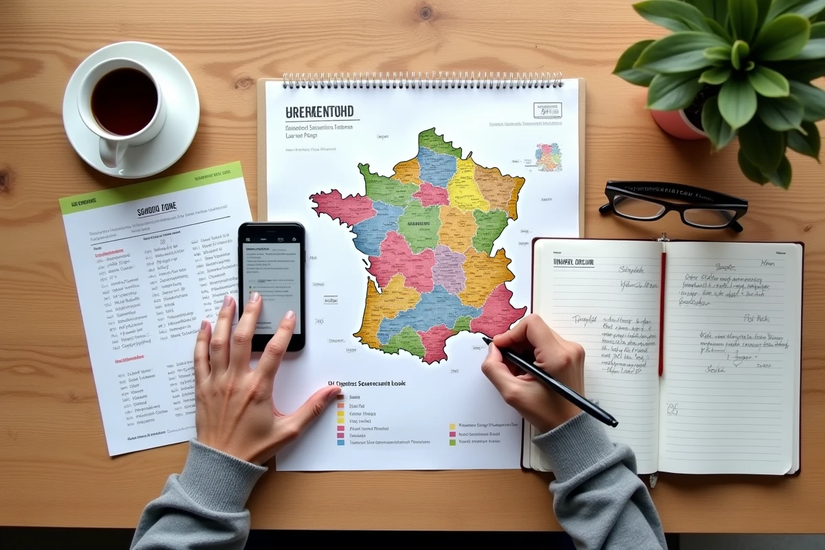 Vue aérienne d'un bureau avec carte des zones scolaires françaises A B C et documents de planification
