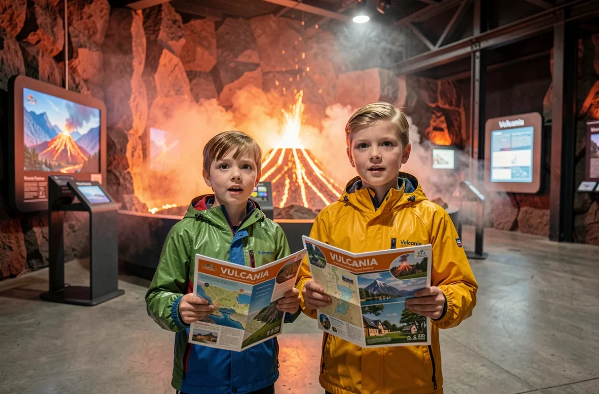 Enfants découvrant le simulateur d'éruption volcanique au parc Vulcania à Saint-Ours
