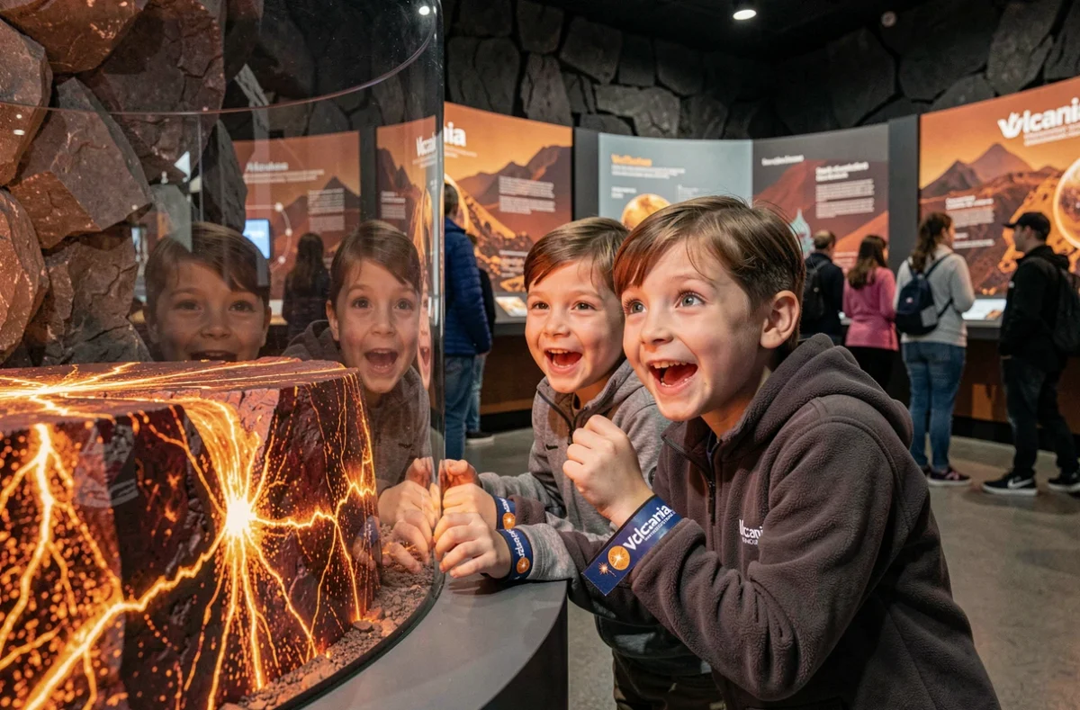 Enfants fascinés devant une exposition volcanique interactive au parc Vulcania en Auvergne